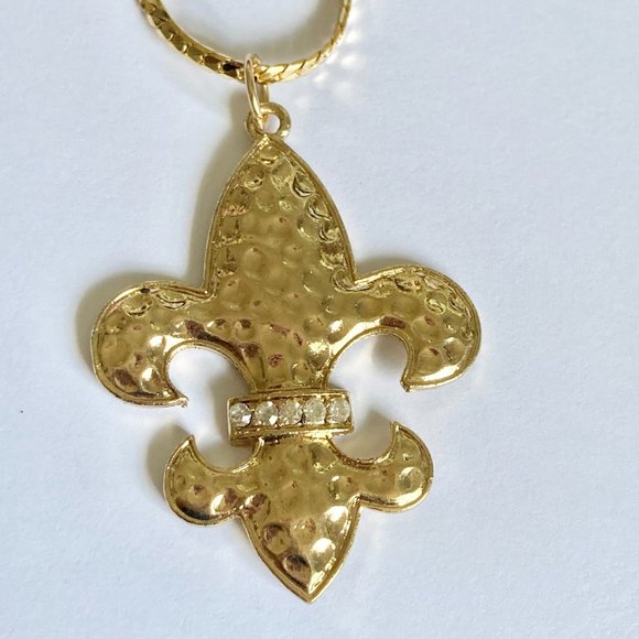 Vintage Fleur de Lis Pendant Necklace Gold Plated 24" BIG Statement Mardi Gras - Picture 12 of 12